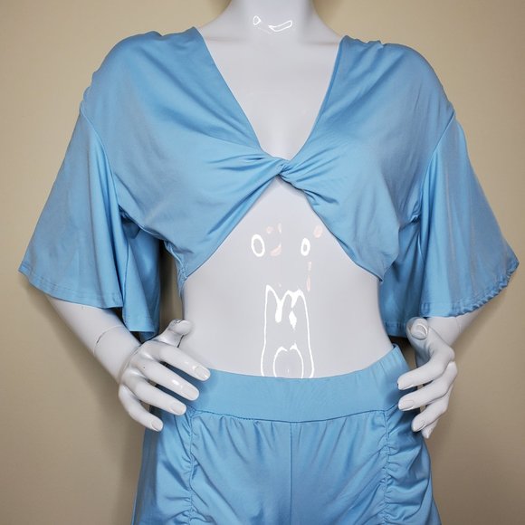 Pastel Baby Blue Two Piece Trendy V Neck Bat Wing Top w/ Skinny Fit Pant SZ L - Picture 1 of 10